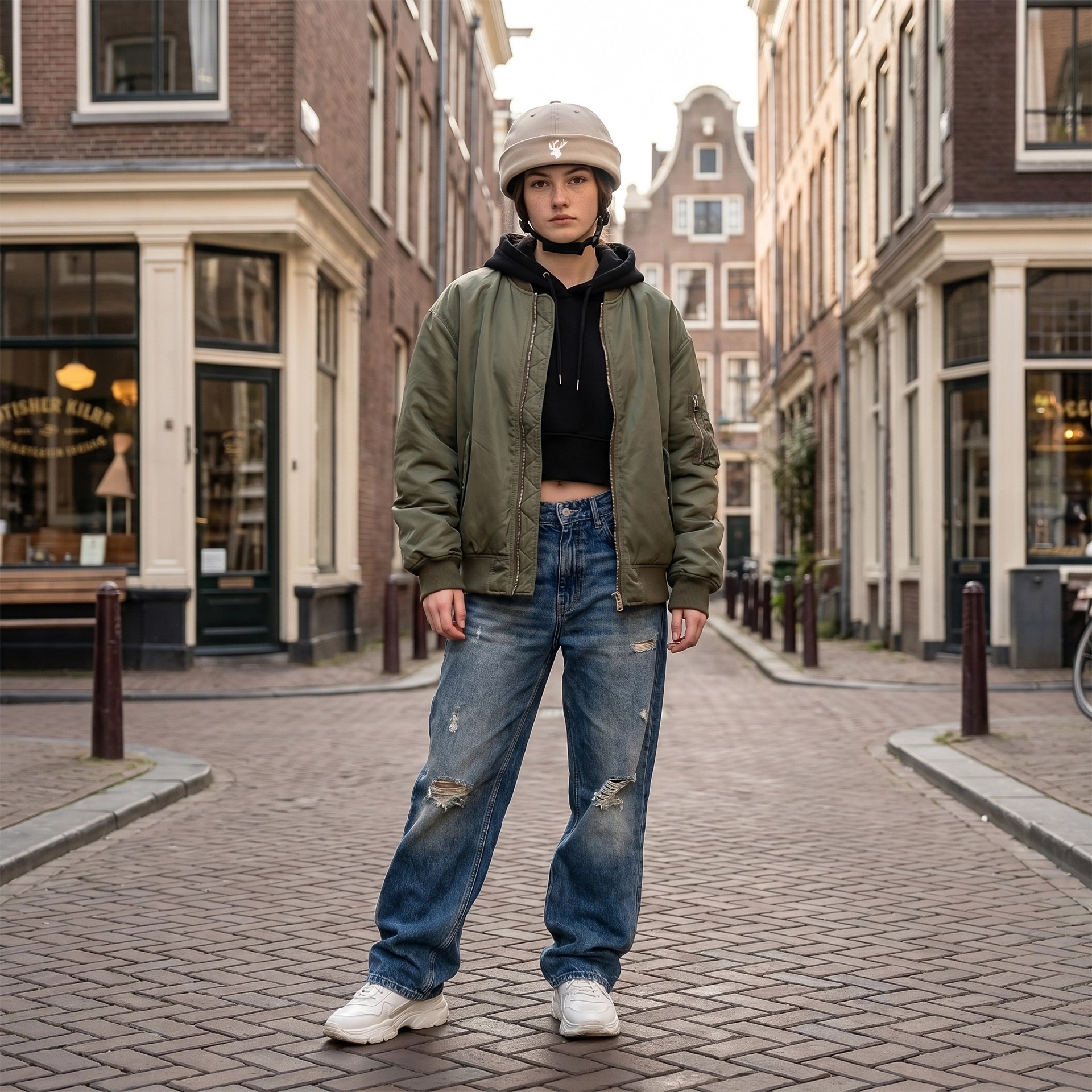 Vrouw in een moderne stadsstraat met een stijlvolle beige beanie helm cover van Vero.