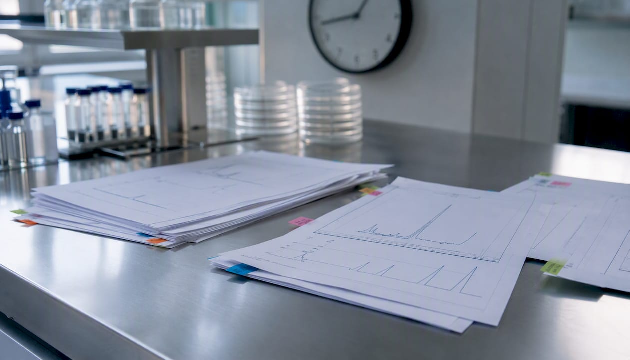 Chromatography data charts on lab bench