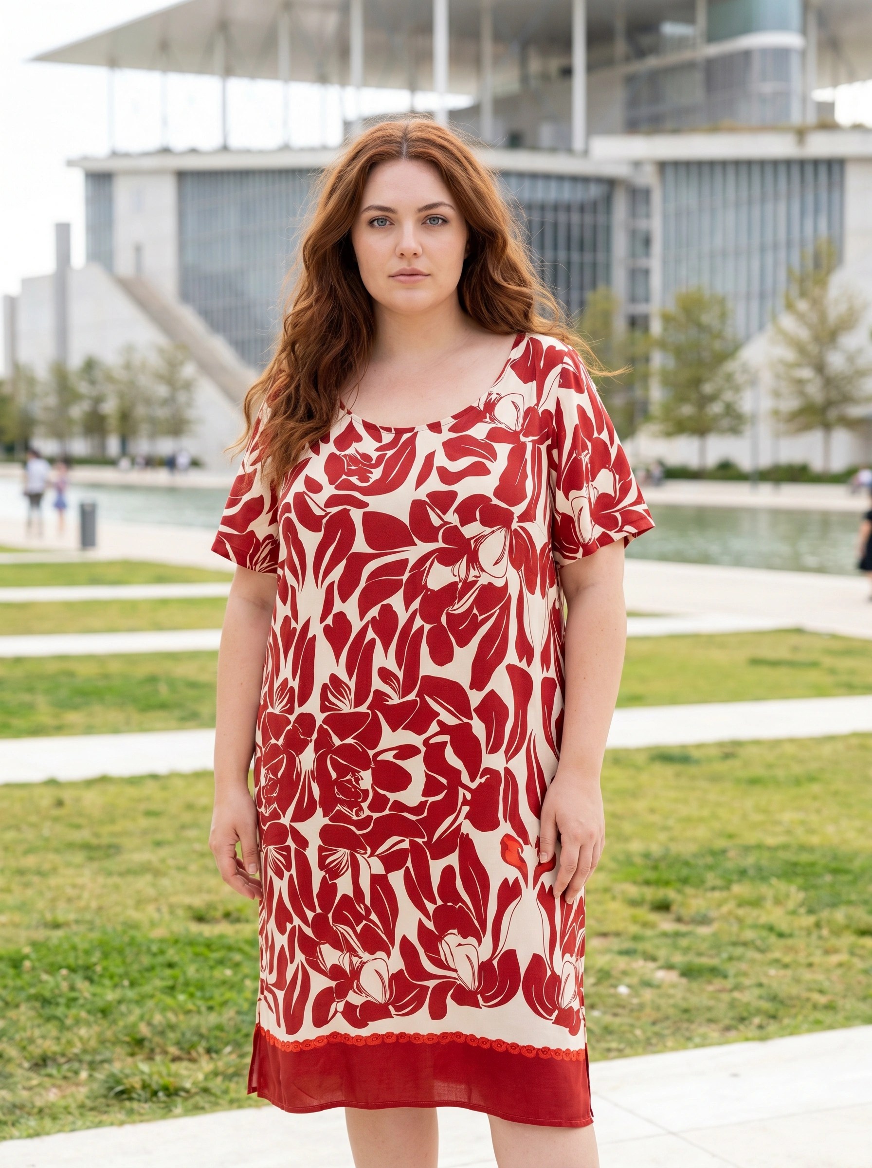 Φόρεμα Plus Size Κόκκινο–Εκρού με Floral Μοτίβο – Κομψό & All‑Day Chic