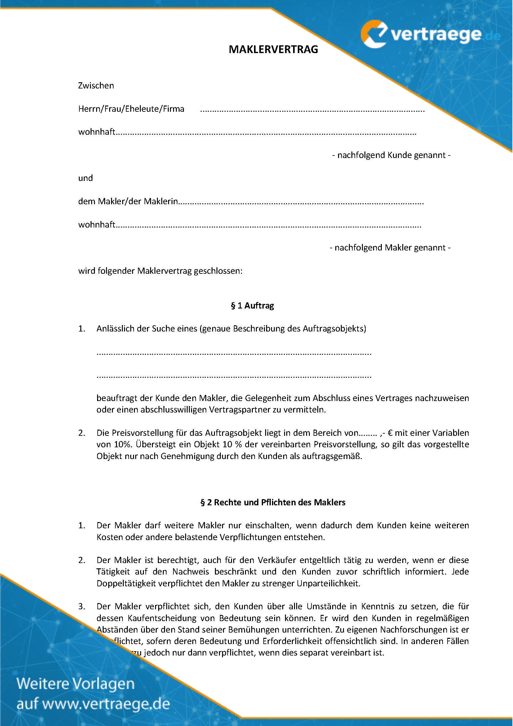Soll es ein immobilienkredit für die finanzierung von haus & wohnung sein, . Muster Maklervertrag - Vertraege.de