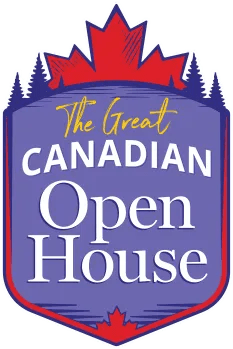 A purple shield with a red maple leaf and some pine trees sticking out of the top of it. The shield features the words "The Great Canadian Open House"