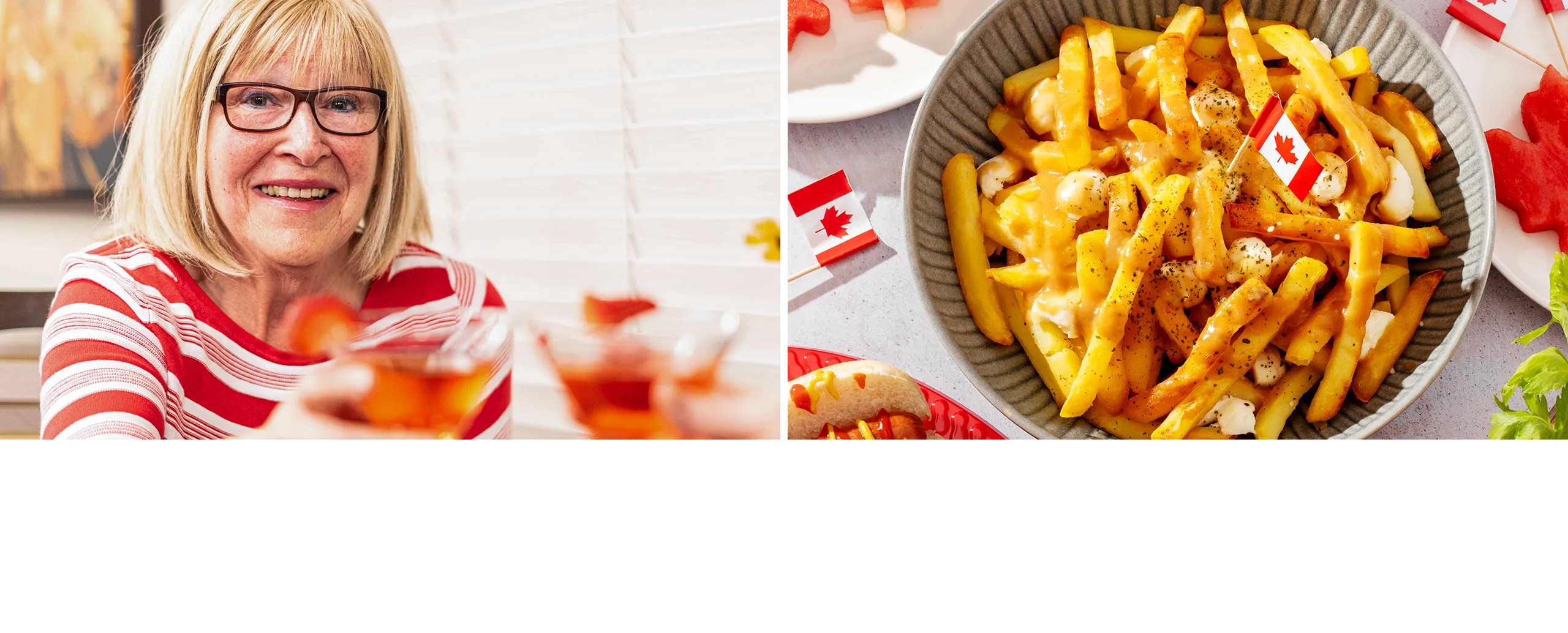 Smiling Canadian senior in striped red and white sweater next to an image of poutine