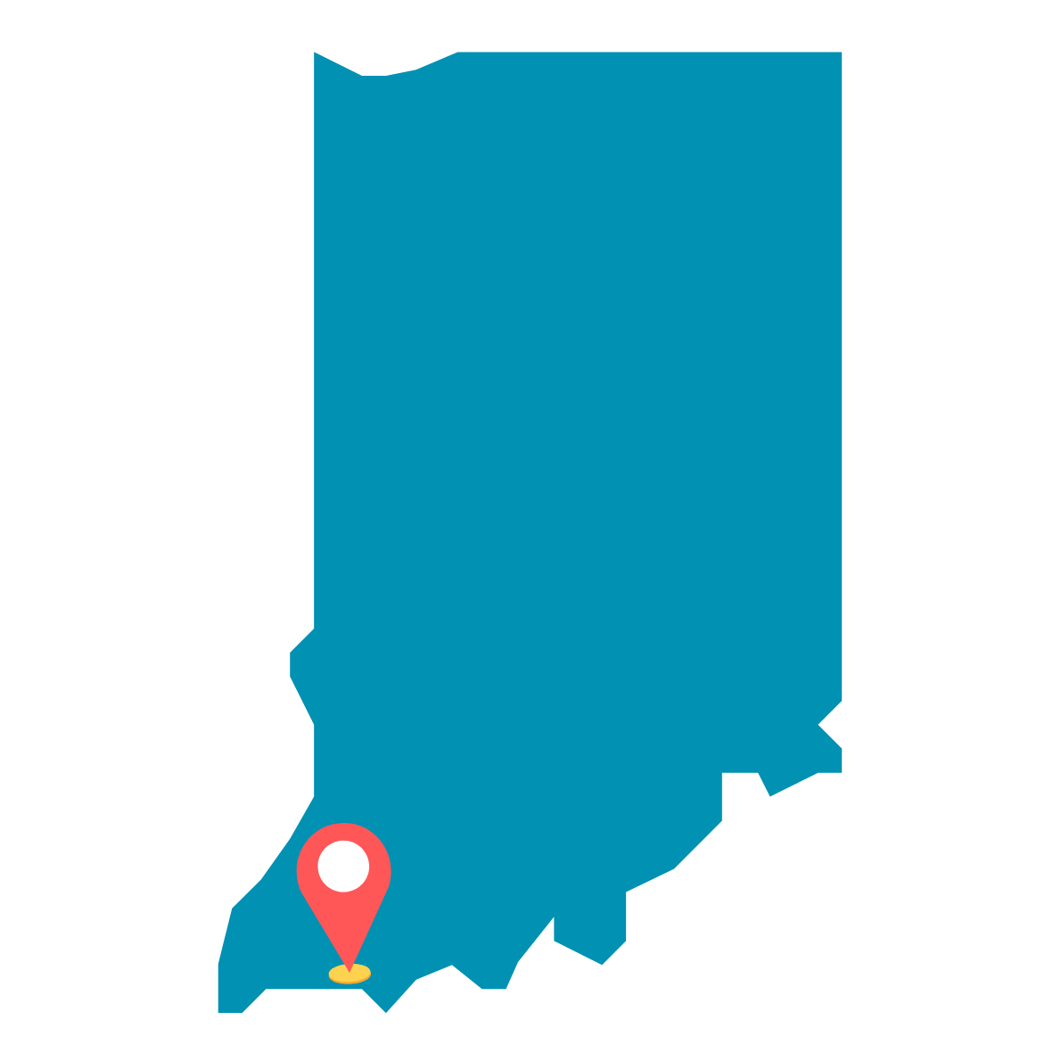 A teal silhouette of Indiana with a red pin on Evansville.
