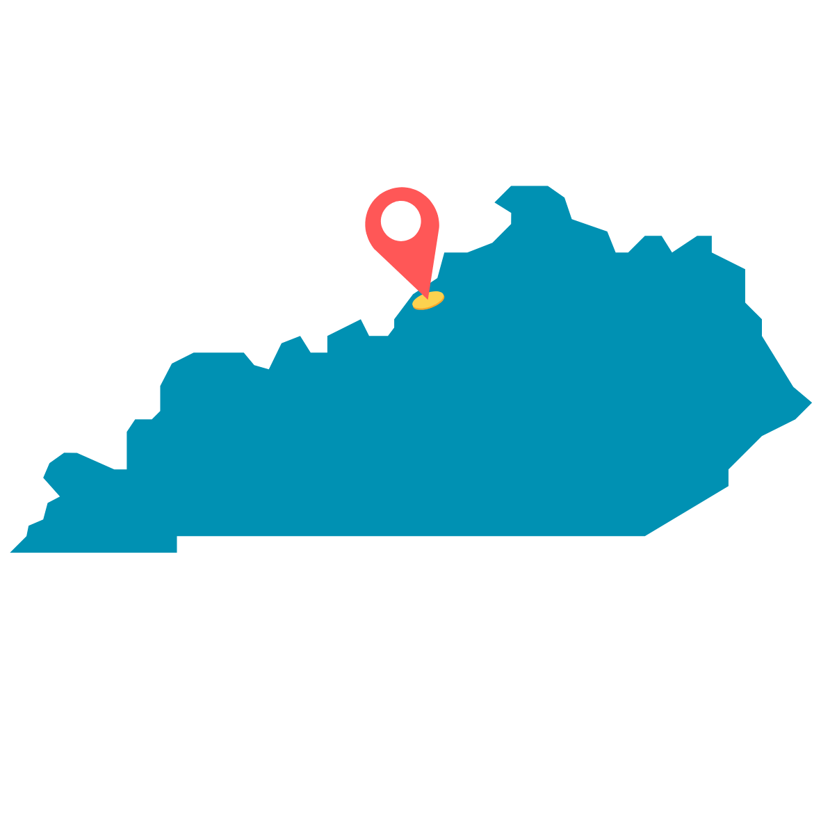 A teal silhouette of Kentucky with a red pin on Louisville.