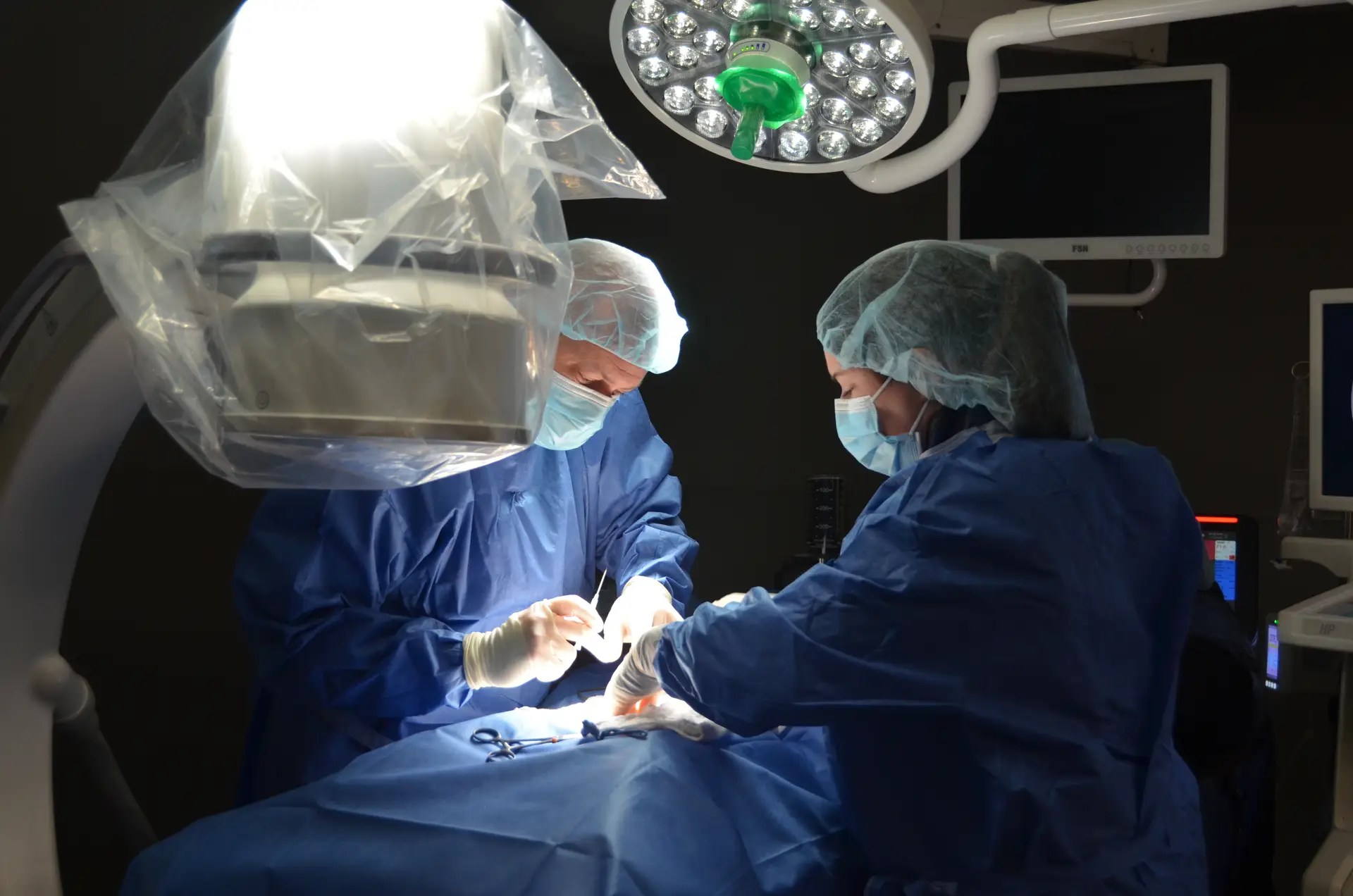 Two of VSP's board-certified internal medicine specialists perform surgery dressed in blue scrubs, caps, and masks.
