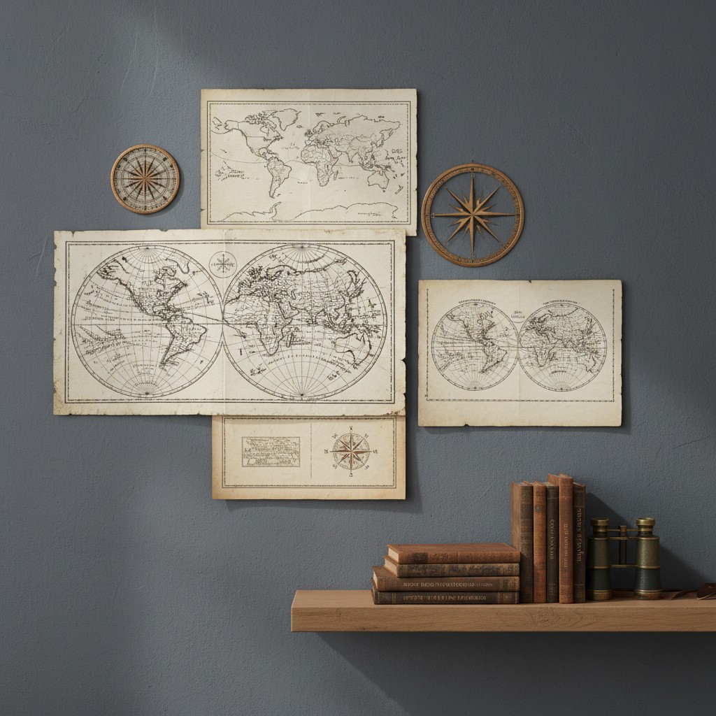 Collage di carte geografiche sulla parete in stile vintage fra oggetti nautici