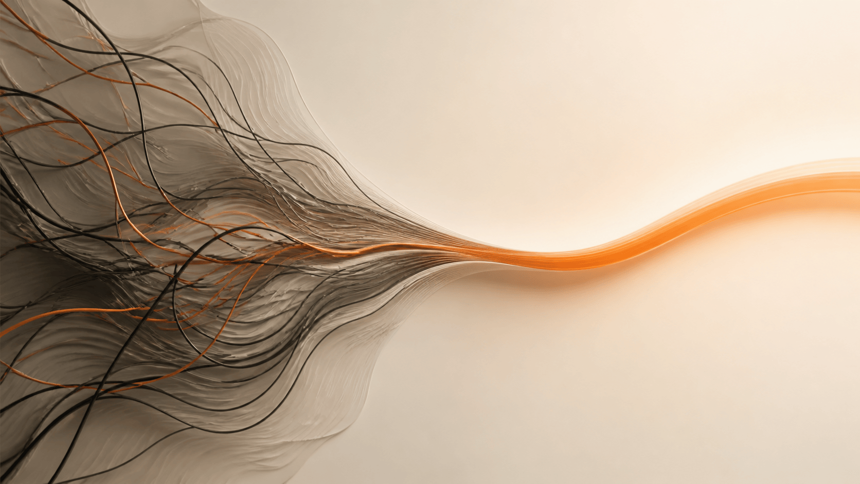 Many tangled dark paths become one calm orange route across a warm open field