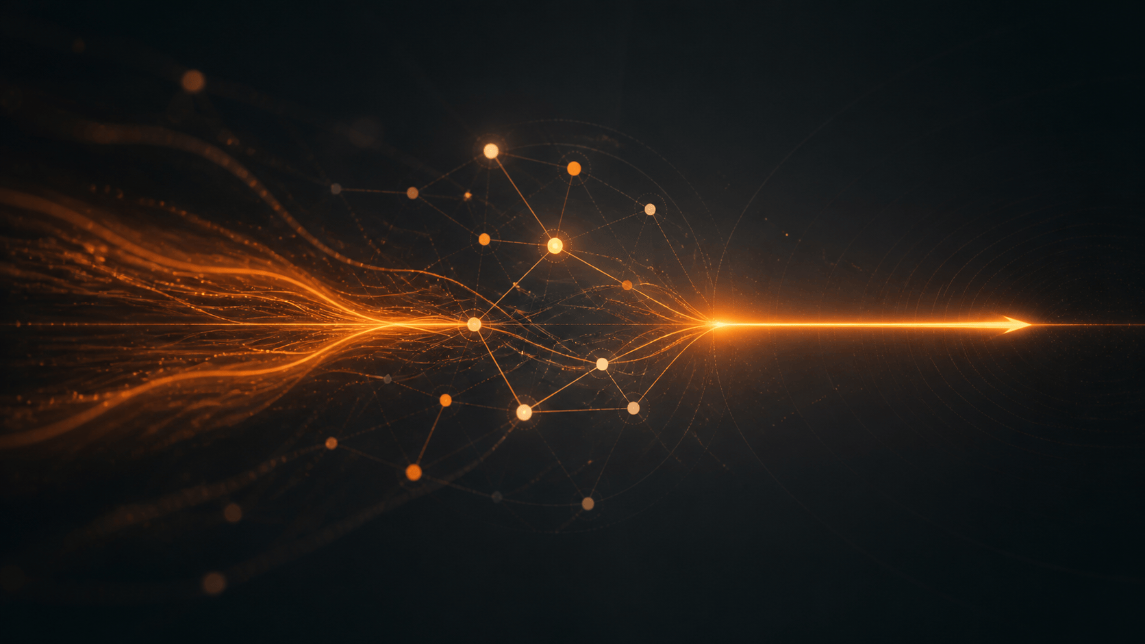 Orange signals gather through a network and resolve into one clear path through a dark field