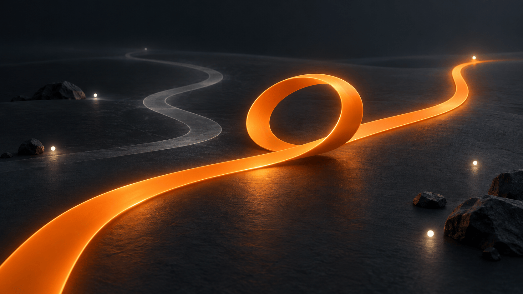 A glowing orange ribbon curves back in an open loop before taking a new direction across a dark surface.