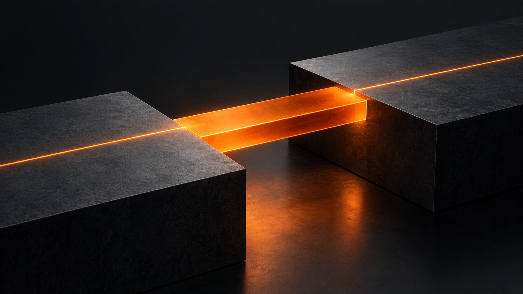 A luminous orange bridge connects two dark graphite platforms, with a thin light tracing a continuous route across them.