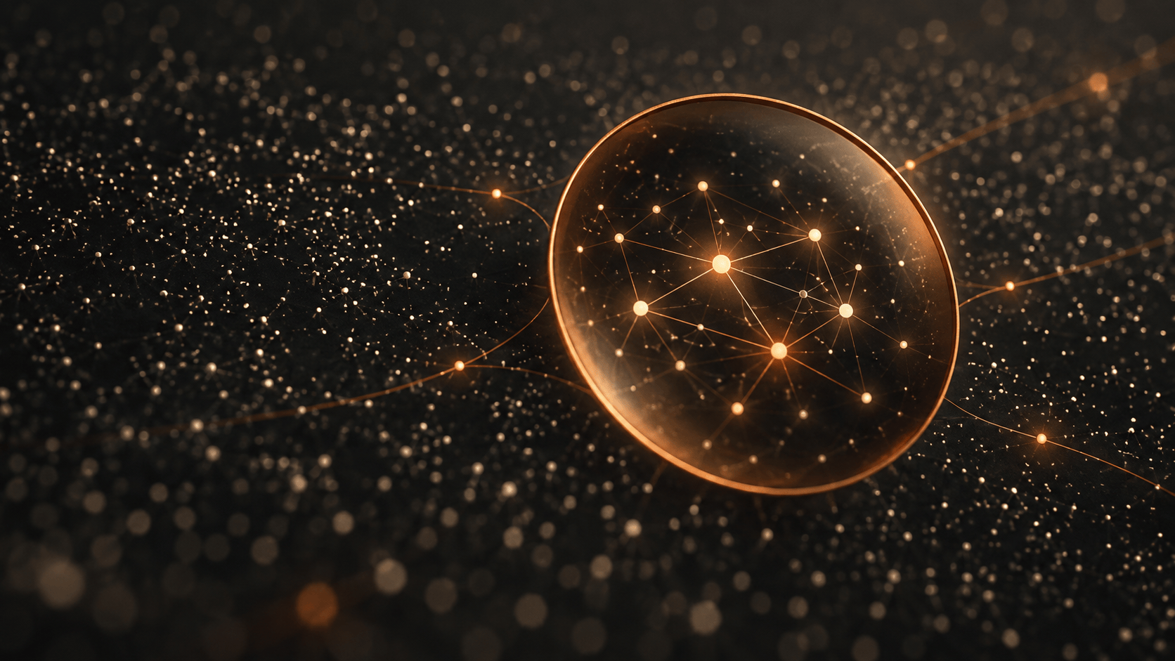 An orange circular lens reveals connected points of light within a field of scattered data points on a dark background.