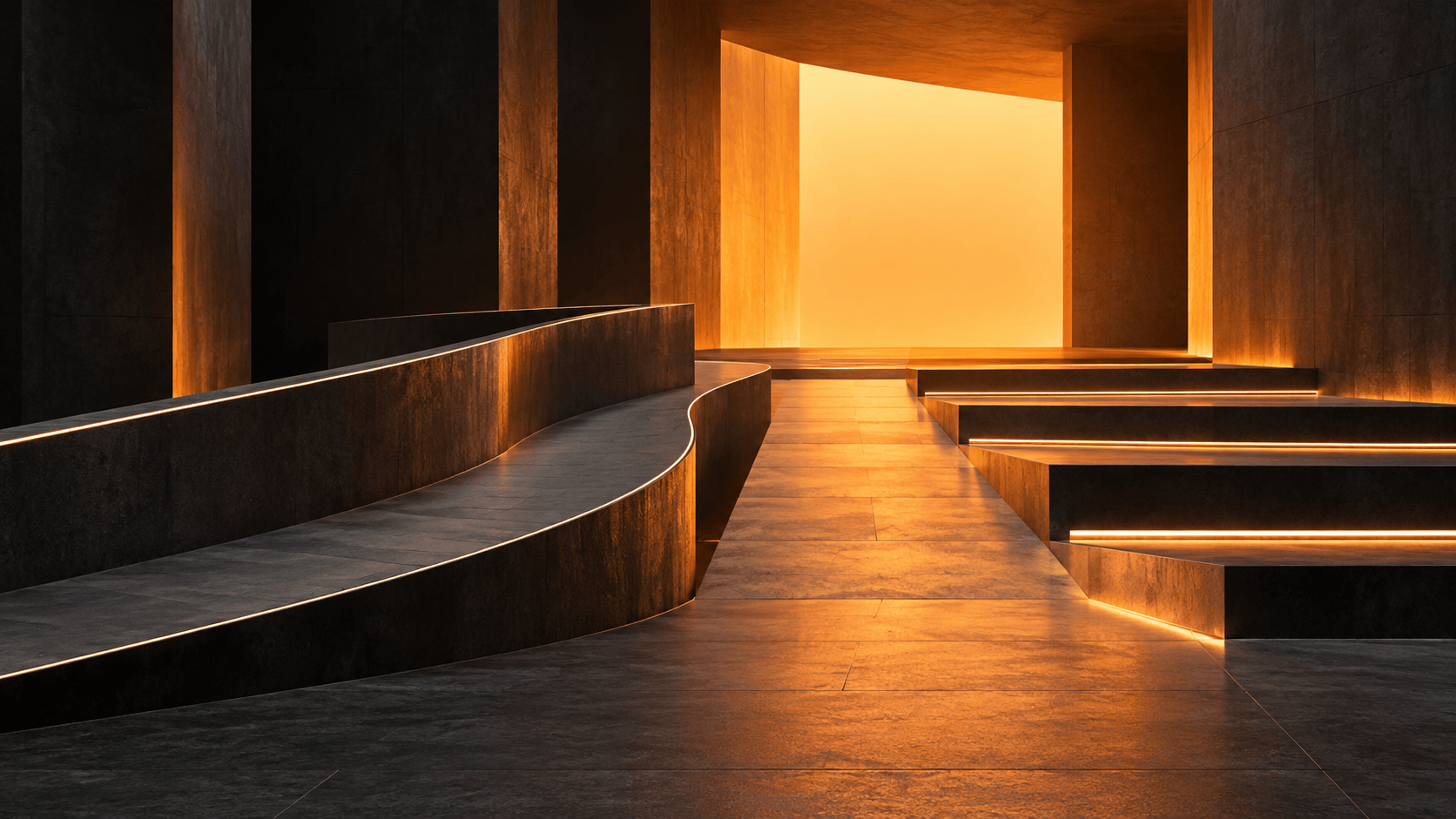 Several distinct routes, including a gentle slope and broad platforms, lead through a dark space toward a shared orange opening.