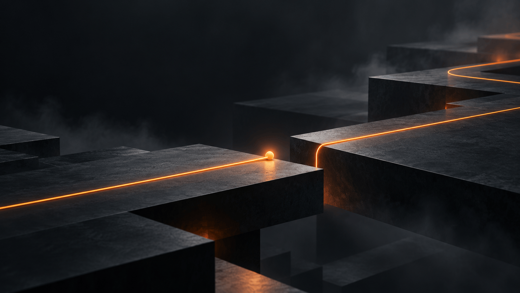 A glowing orange line pauses at a gap between dark stone-like planes and continues on the next plane, suggesting saved progress.