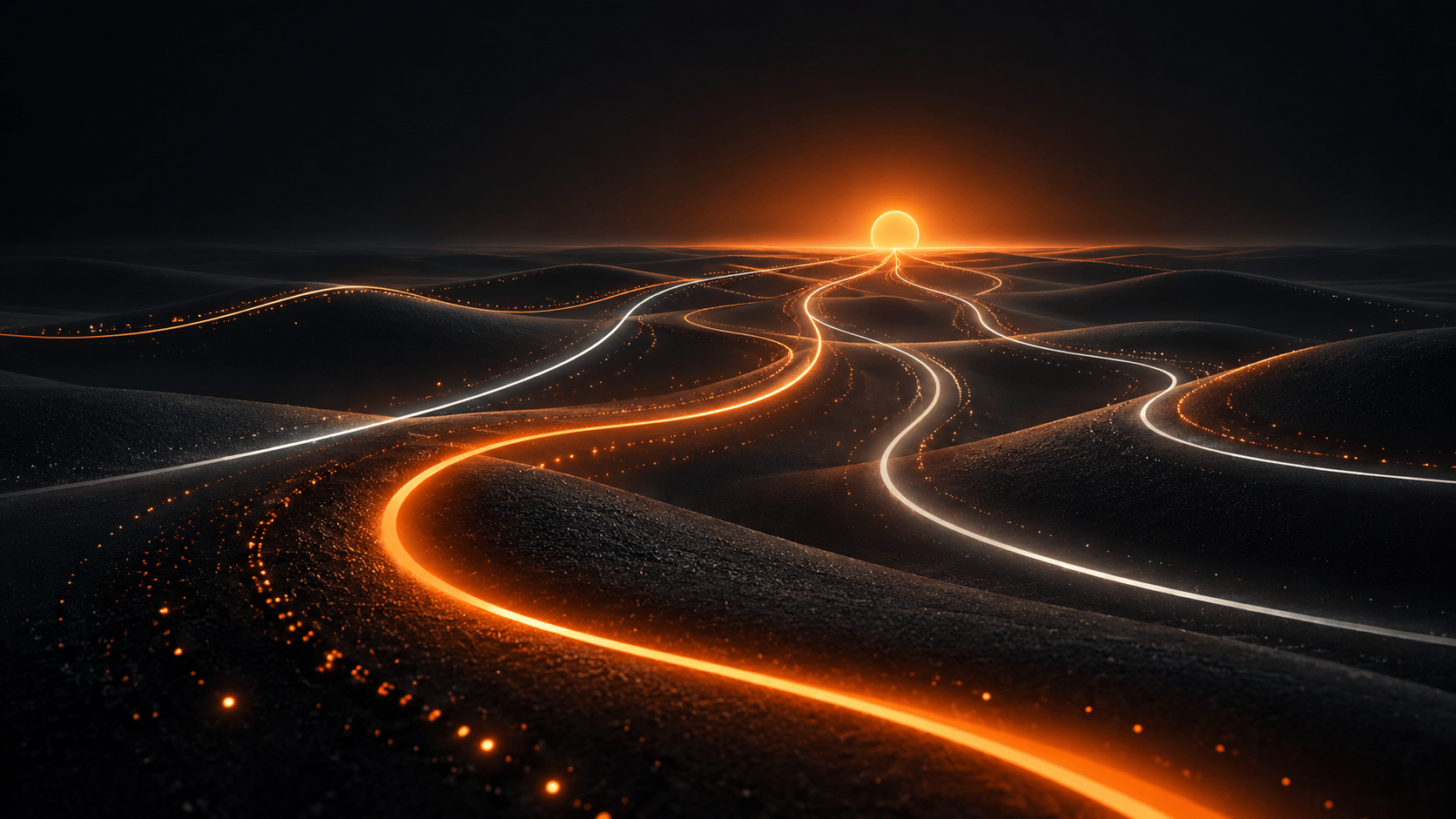 Several luminous orange and white paths curve across a dark plain toward a shared glowing horizon.