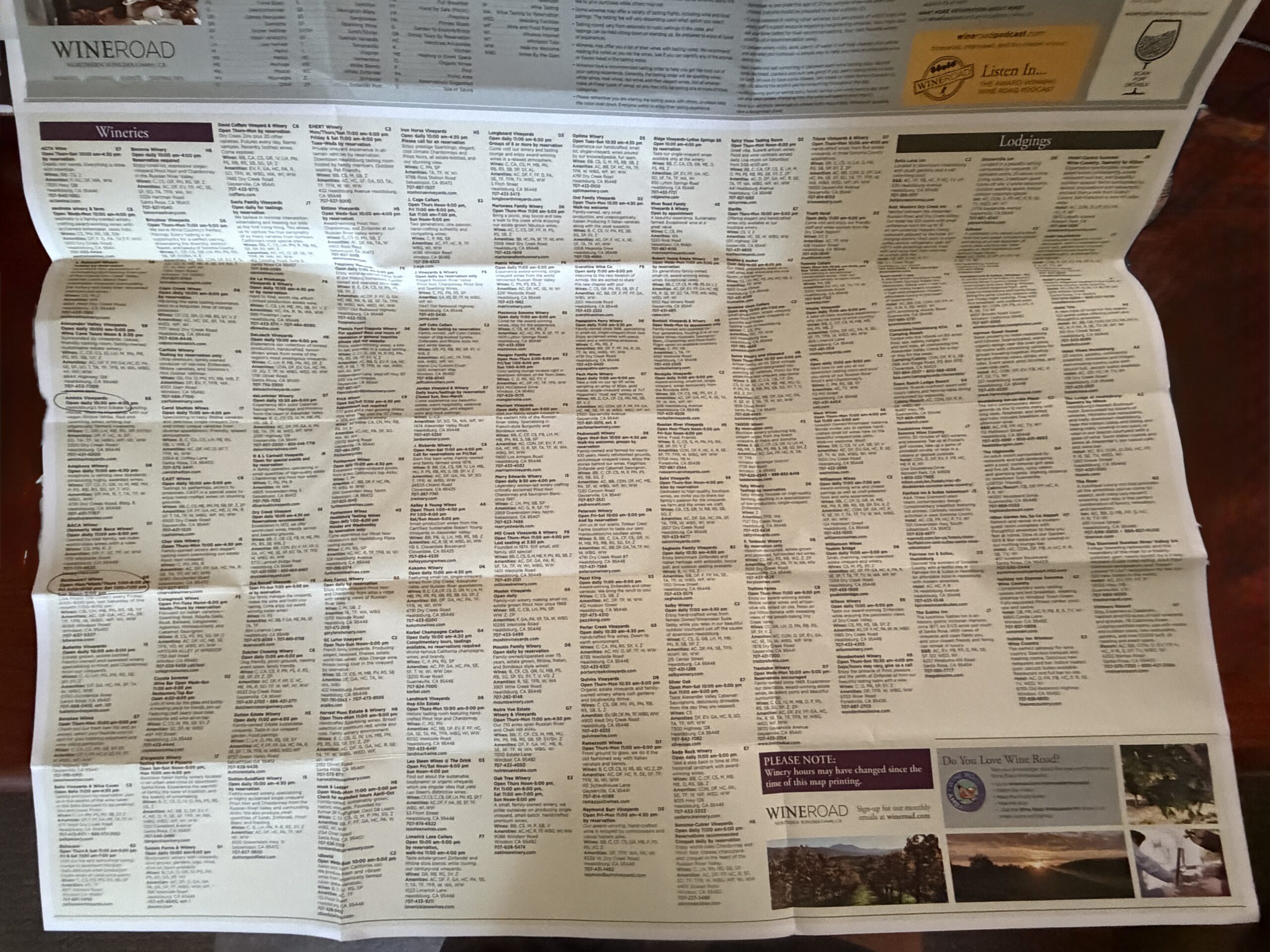 A heavily creased, fold-out paper directory for Wine Road in Sonoma County, laid flat on a desk. The document is densely packed with hundreds of tiny text blocks listing local wineries and lodgings, visually illustrating the overwhelming volume of choices and the reality of guest fatigue in a saturated tasting room market.