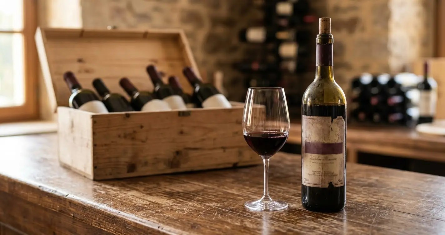 An older bottle of red wine with a worn label beside a glass with a small pour, in front of an open wooden case of newer bottles on a tasting room counter.