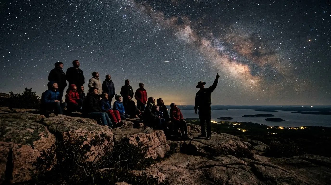 Park Ranger leading a talk called Stars over Acadia at the top of Cadillac Mountain