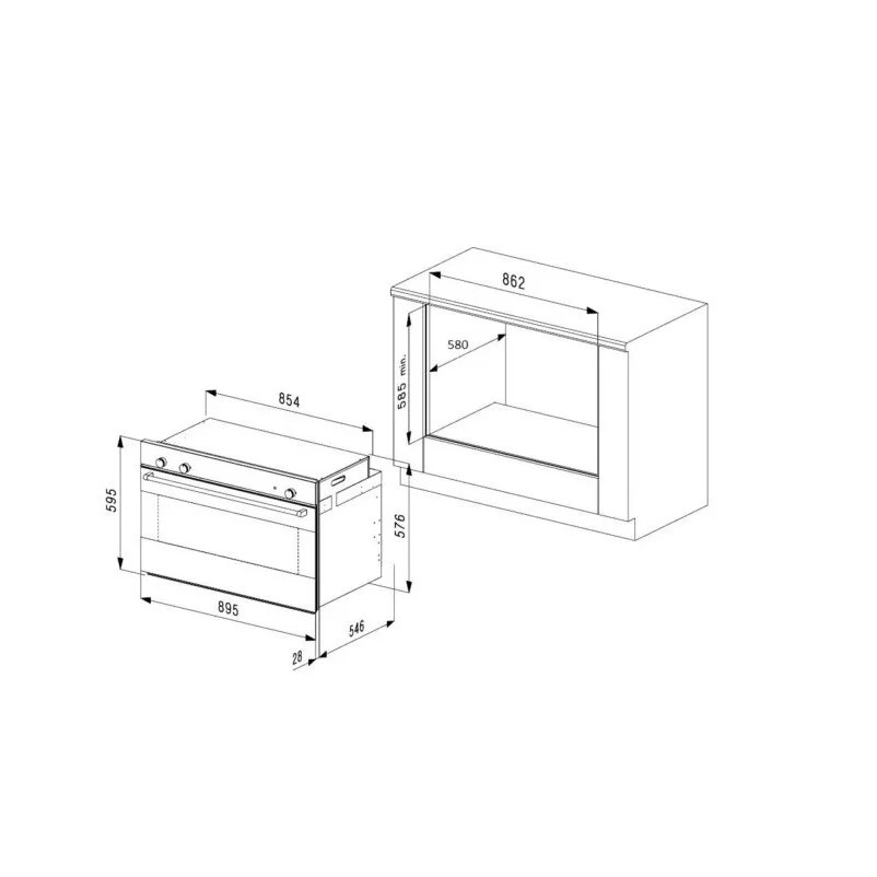 Smalvic F90G built-in gas oven dimensions