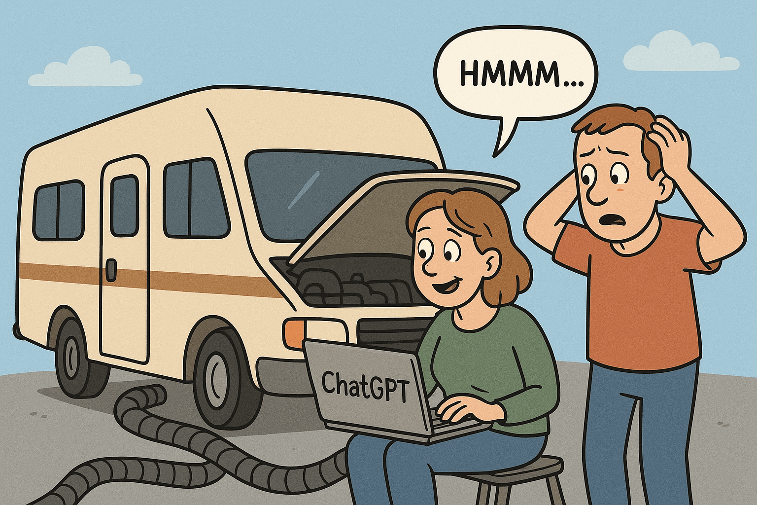 A cartoon depicting a woman sitting on a stool with a laptop labeled 'ChatGPT', looking at a camper with its hood open, while a man stands beside her, appearing concerned.