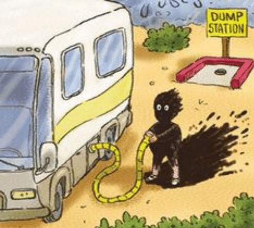 Cartoon depicting a person in black attire using a hose to drain an RV at a dump station, with a sign indicating 'DUMP STATION' in the background.