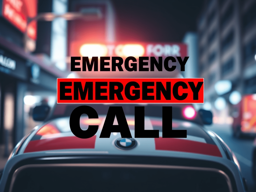 An emergency call graphic featuring bold, red text labeled 'EMERGENCY CALL' against a blurred night city background with emergency vehicle lights.