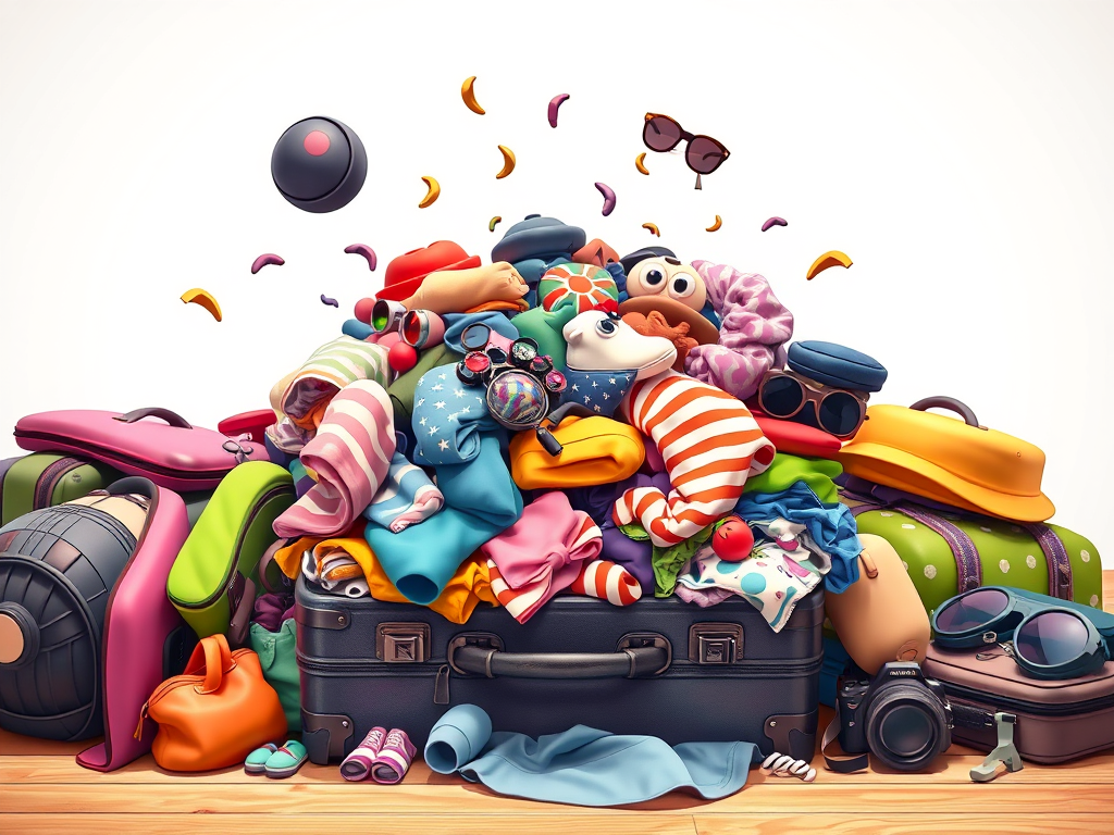 A chaotic pile of colorful clothing and accessories spilling out of various suitcases, representing the challenge of packing for travel.