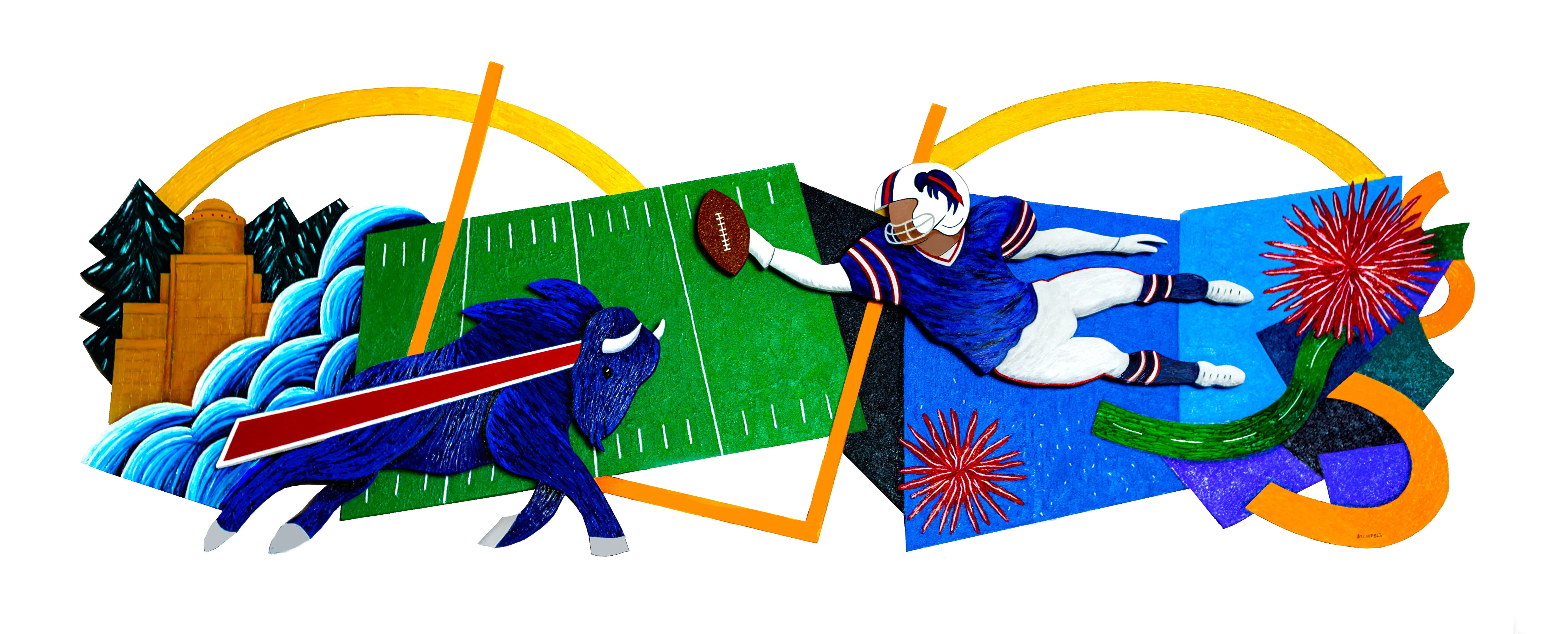 An artistic depiction of a blue buffalo mascot and a football player in motion, set against a colorful background featuring elements like buildings, trees, and abstract shapes.