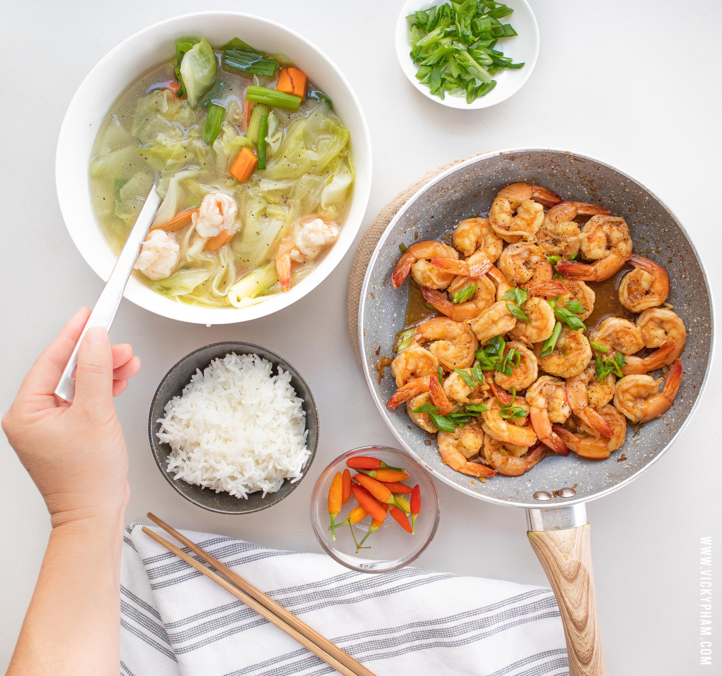 Traditional family shrimp dinner: Vietnamese Cabbage Shrimp Soup (Canh Bắp Cải Nấu Tôm) with Vietnamese caramelized shrimp (Tôm Kho Tiêu)