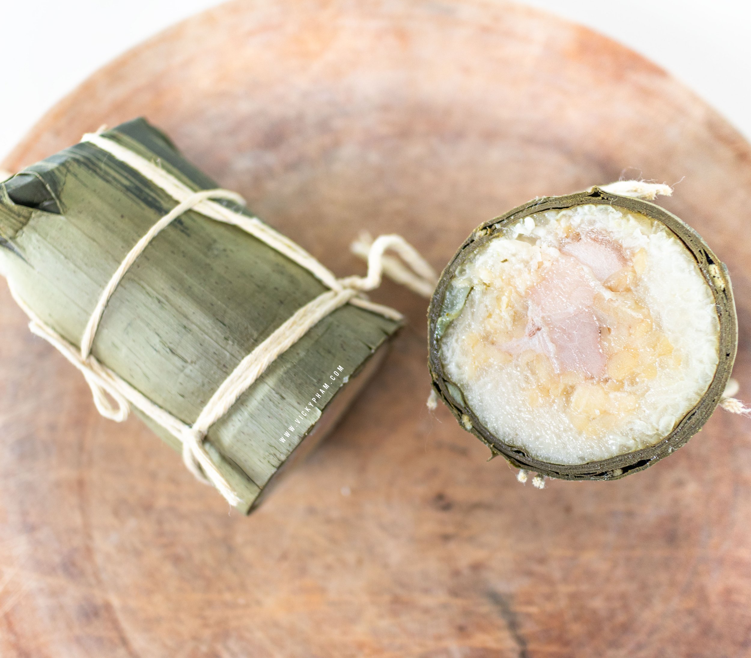 Vietnamese Savory Glutinous Rice Cakes with Pork Belly & Mung Beans Wrapped in Banana Leaves for Lunar New Year (Banh Tet)