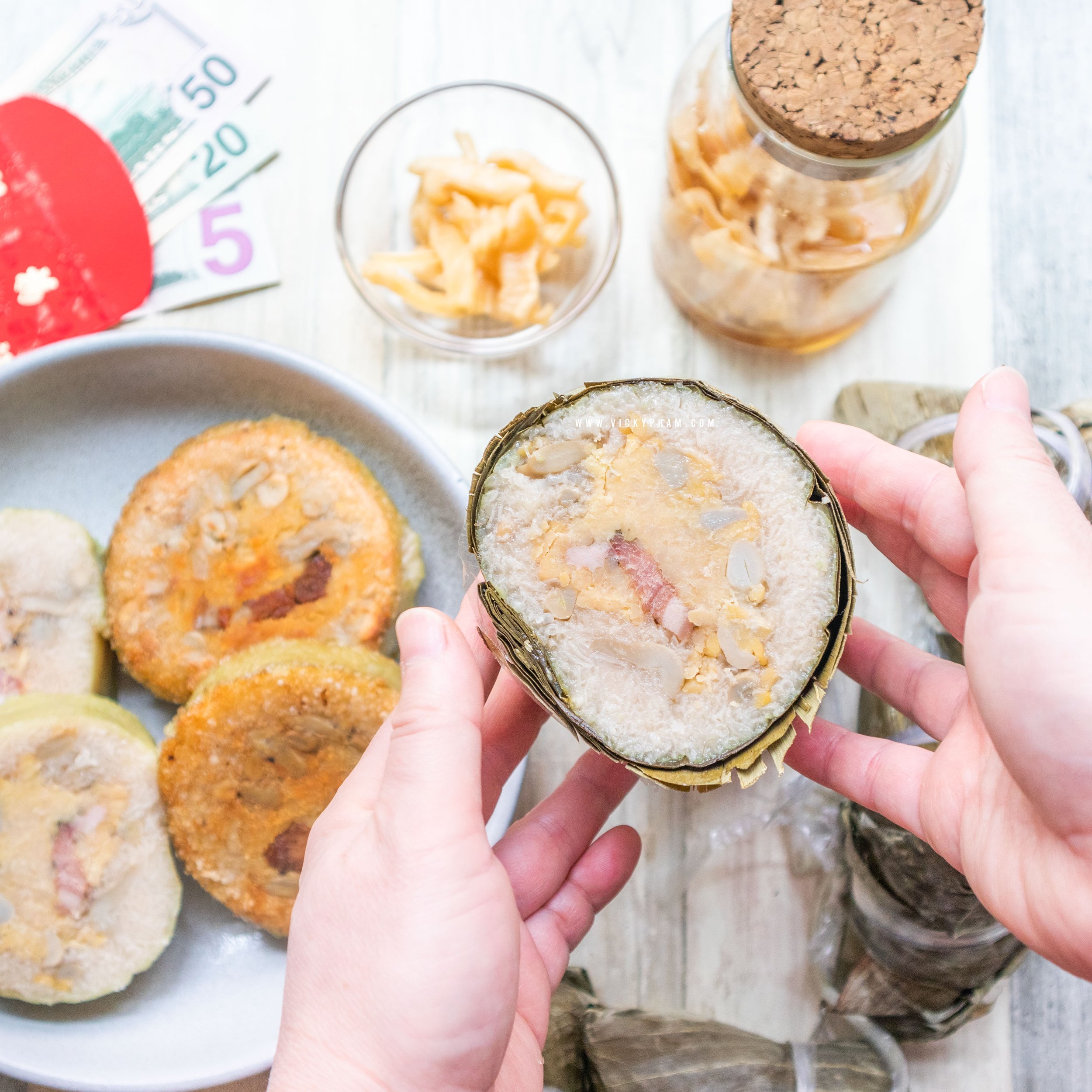 Vietnamese Savory Glutinous Rice Cakes with Pork Belly & Mung Beans Wrapped in Banana Leaves for Lunar New Year (Banh Tet)
