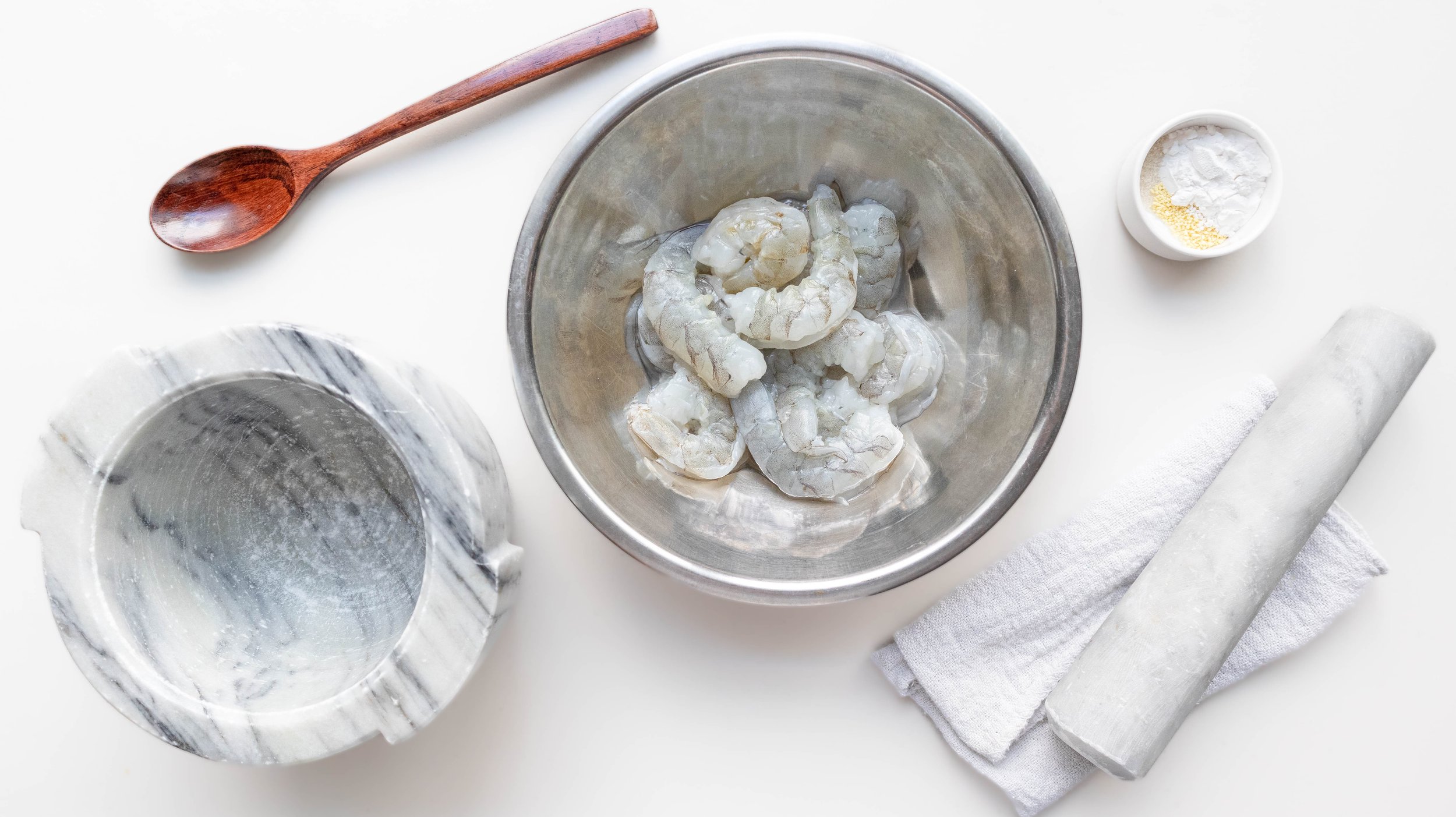 Prepping shrimp for Vietnamese Mustard Green Soup with Shrimp Balls (Canh Cai Be Xanh Nau Tom Bam)