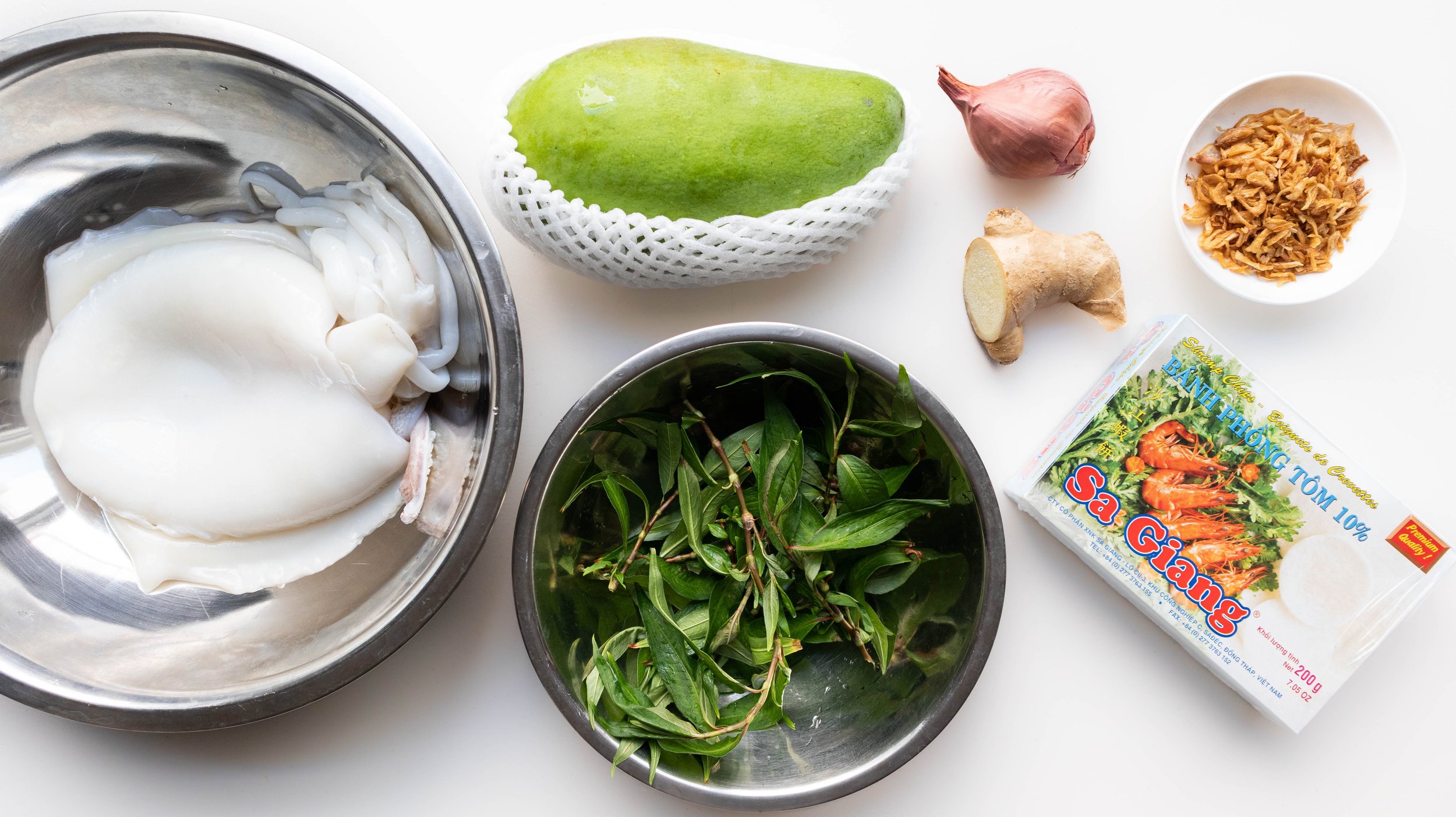 What you need to make Vietnamese Green Mango Calamari Salad (Goi Xoai Xanh Muc)
