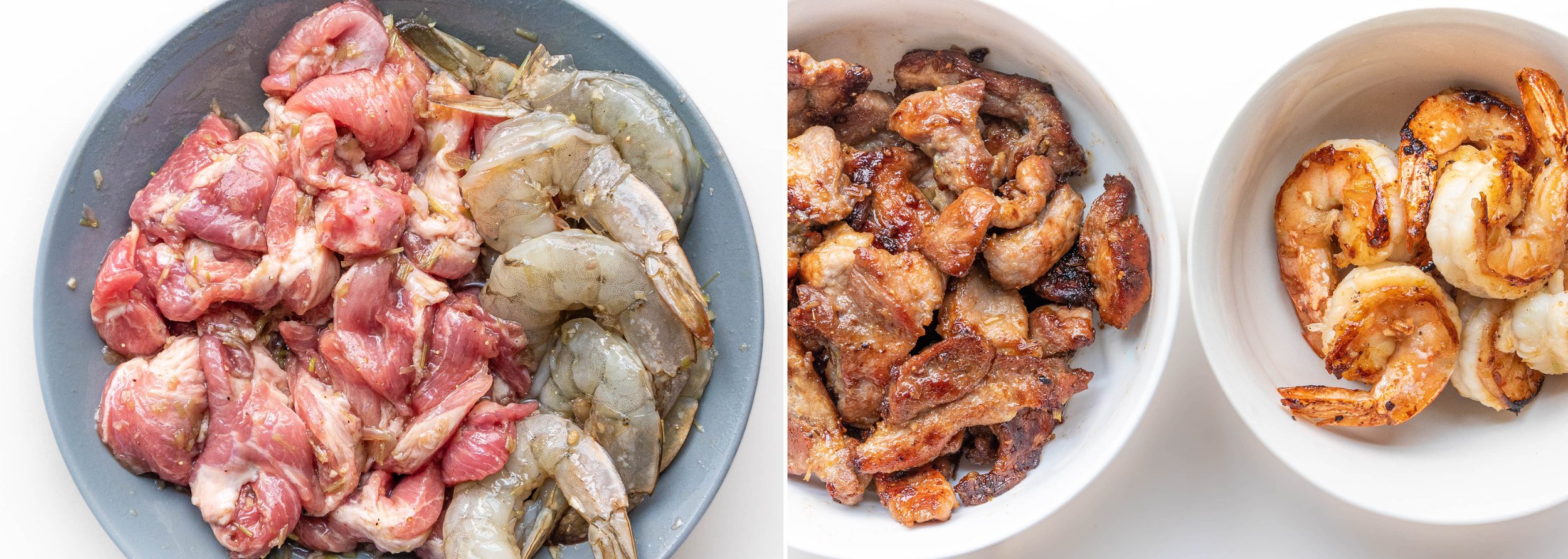 Marinate pork and shrimp with fish sauce, brown sugar, garlic, shallots, and lemongrass.