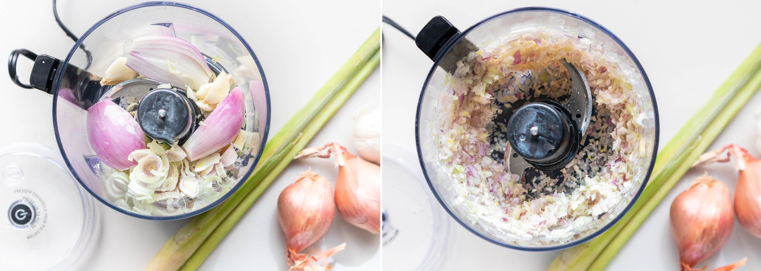 Finely chop the aromatics (garlic, shallots and lemongrass) by hand or in a food processor