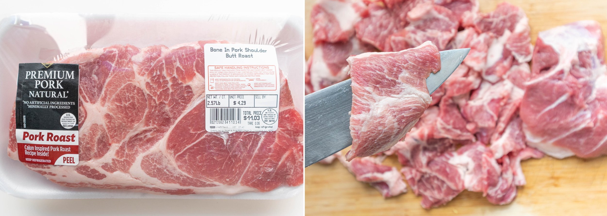 Slice pork shoulder thin, against the grain if possible.