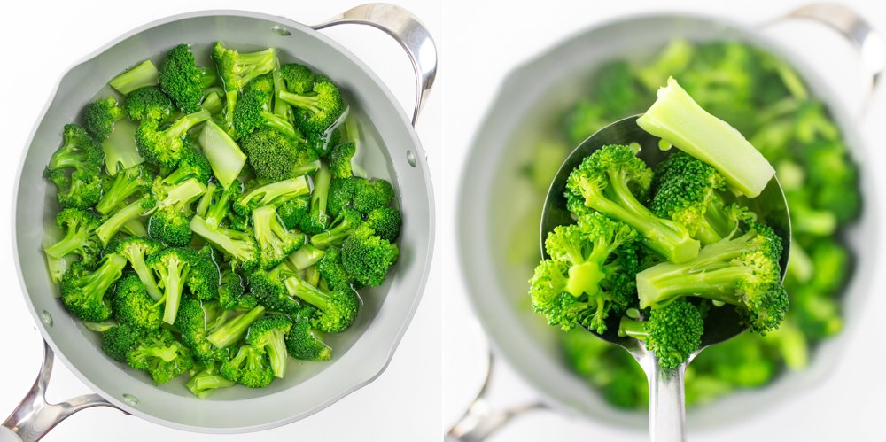 blanching broccoli in large pan for restaurant-style beef and broccoli stir fry