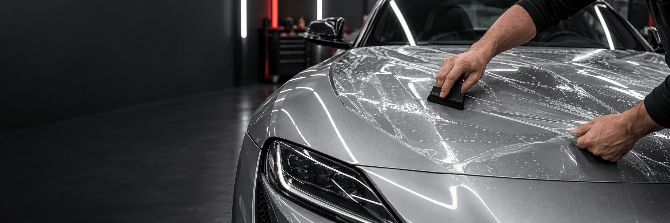 AI-generated editorial illustration of clear protective film being applied to a silver car hood