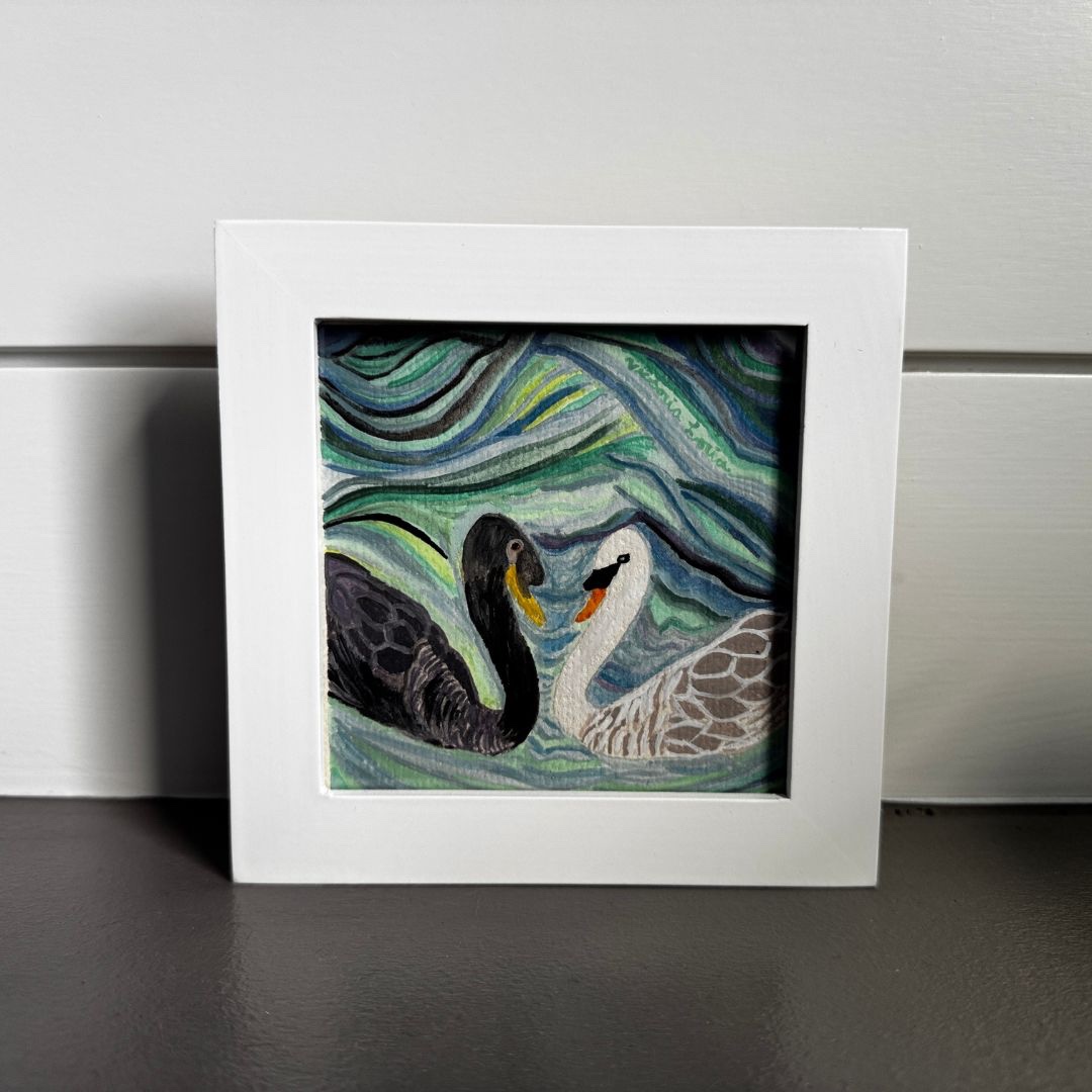 Romantic Swans Handmade Original 4x4 Gouache Painting Framed