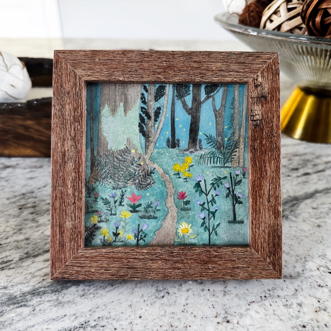 Enchanted Forest Original 4x4 Mini Handmade Gouache Painting Framed