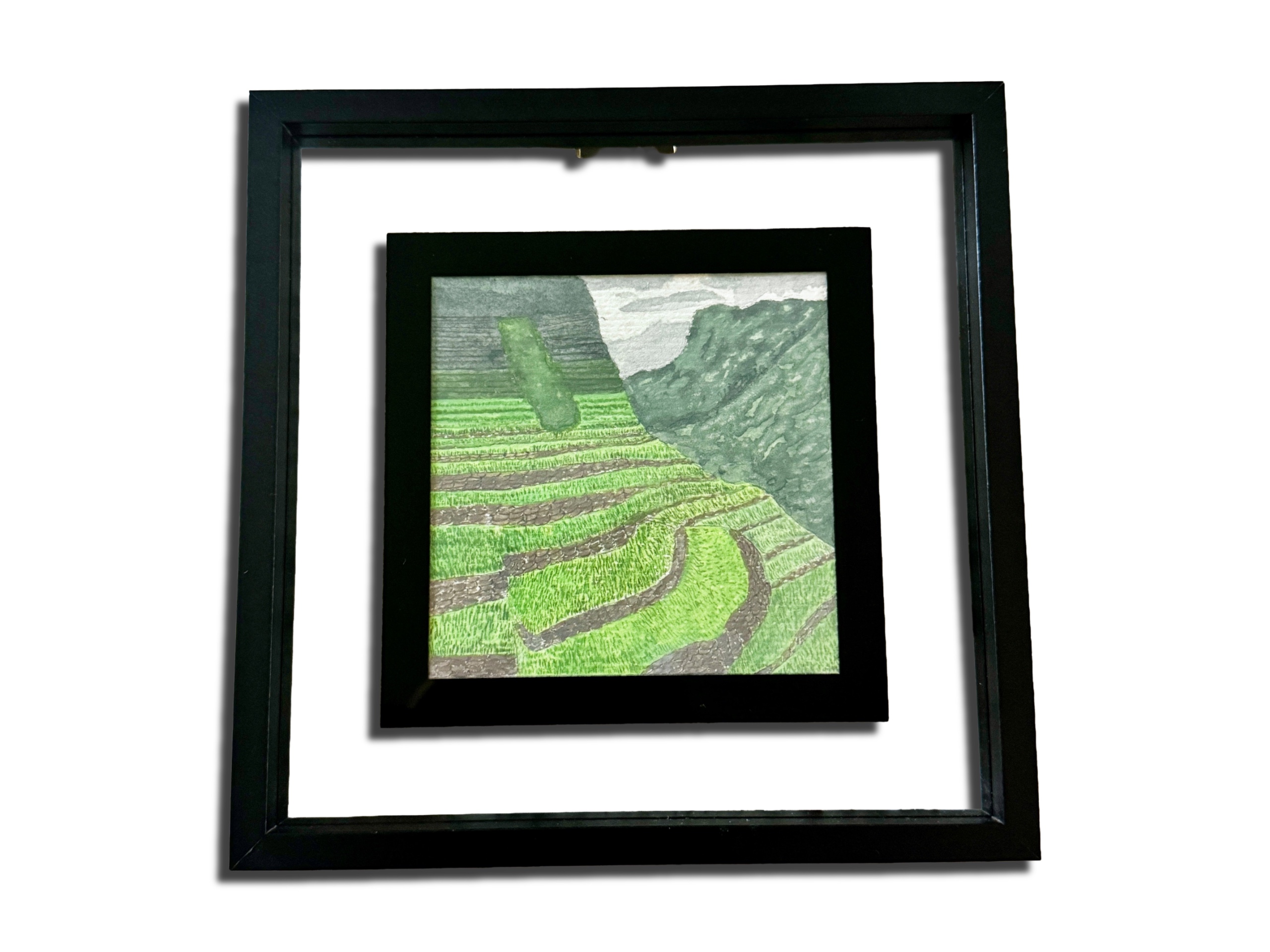Rice Fields On The Mountains Of The Philippines Handmade Original 4x4 Gouache Painting Framed