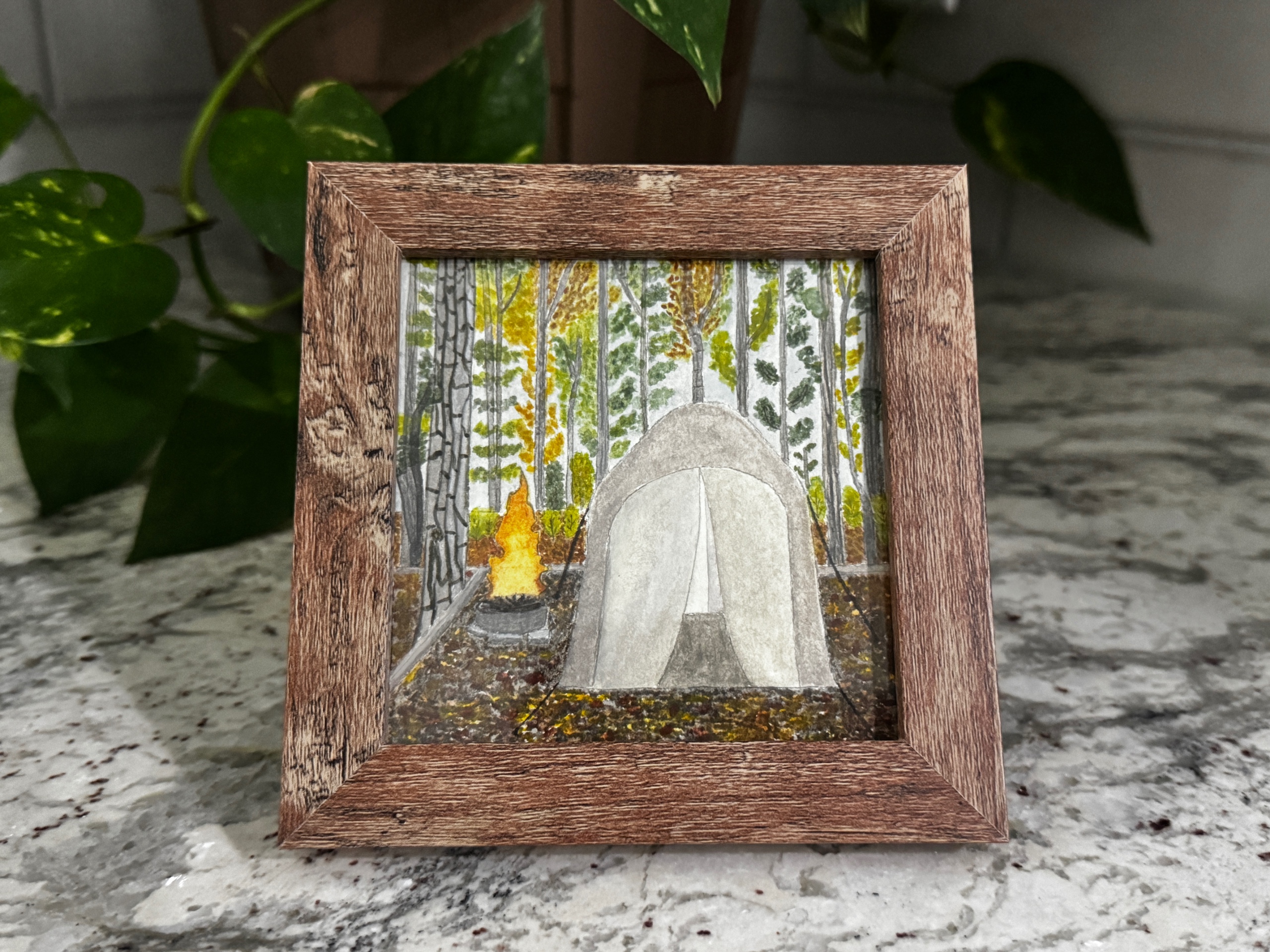 Solo Camping In Autumn Original Watercolor Mini Artwork 4x4 Framed