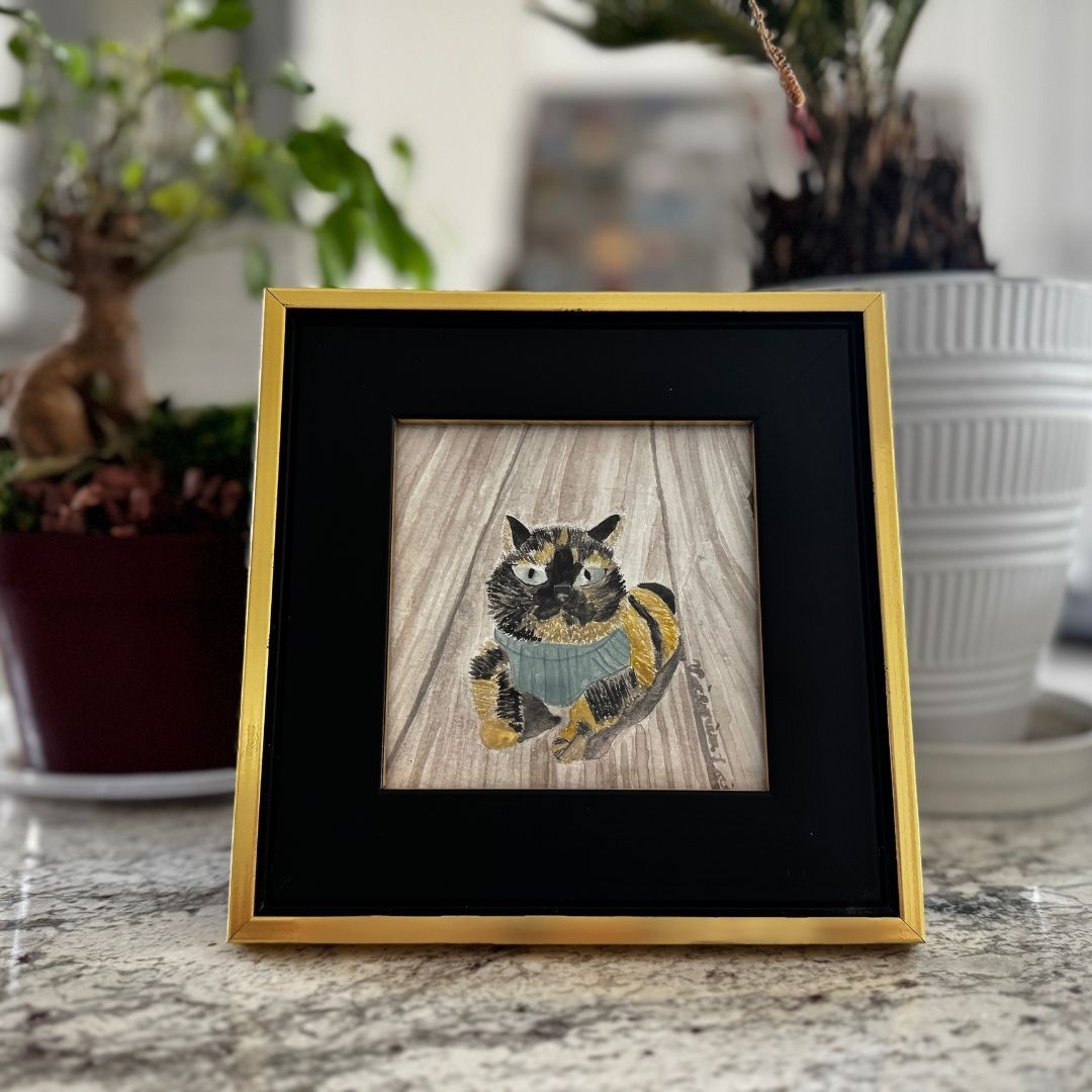 Tortie Munchkin Cat In A Green Sweater 4x4 Gouache Original Painting Framed