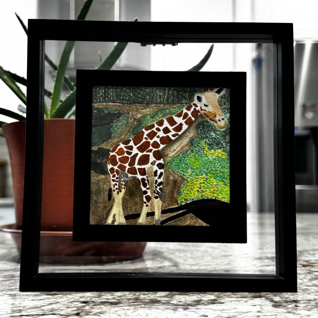 Gentle Giant of the Safari Original 4x4 Gouache Mini Painting Framed