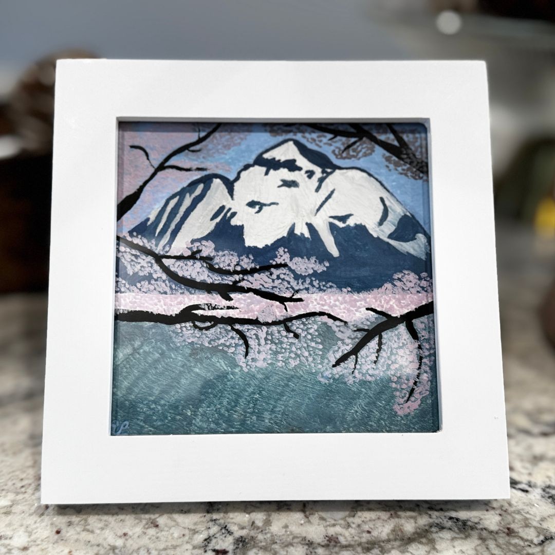 Mount Iwaki Cherry Blossoms 4x4 Gouache Original Painting Framed