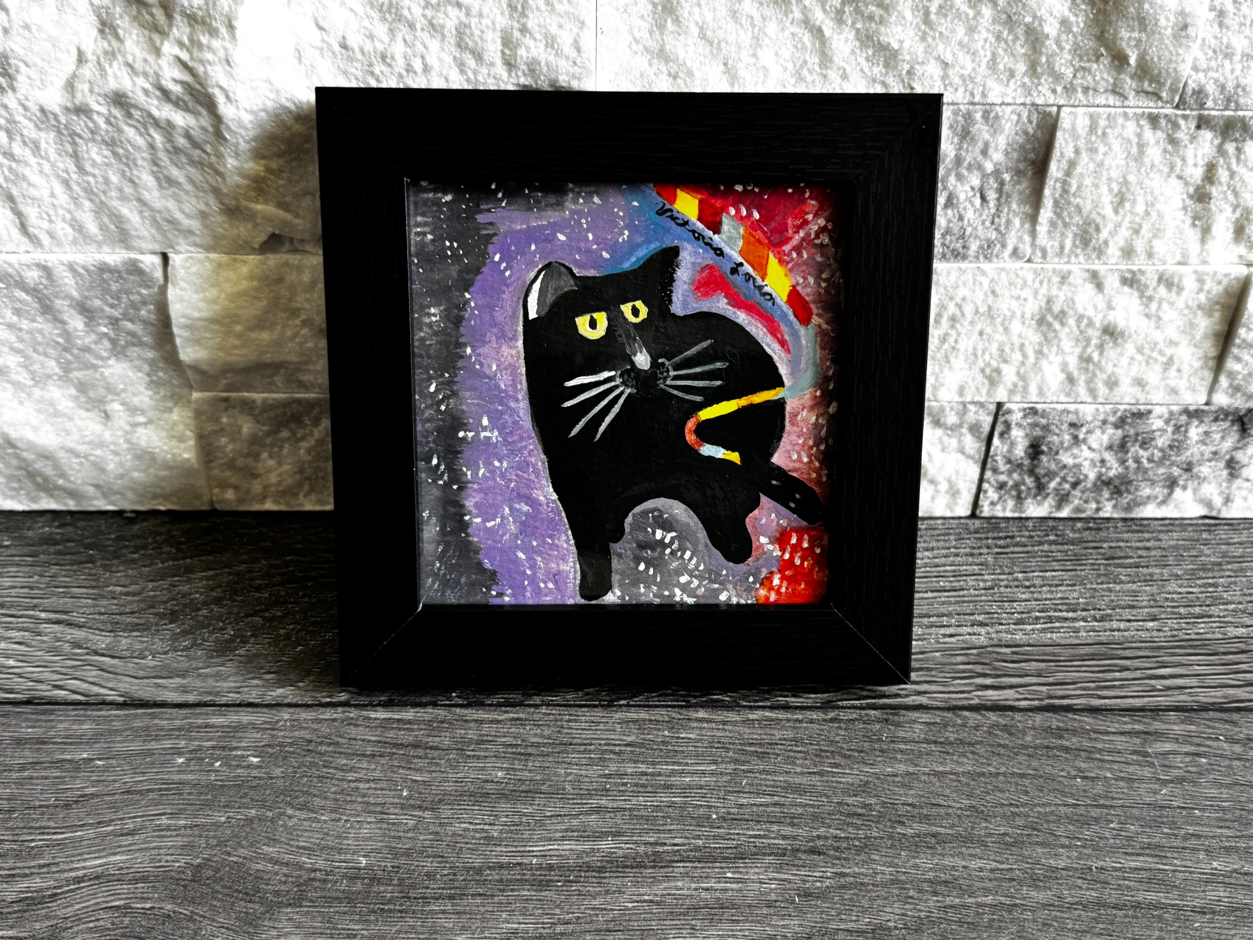 Cosmic Black Cat Playing With Colorful String 4x4 Gouache Original Framed