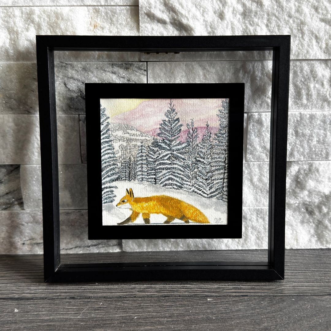 Quiet Crossing Original 4×4 Mini Gouache Fox Painting Winter Framed