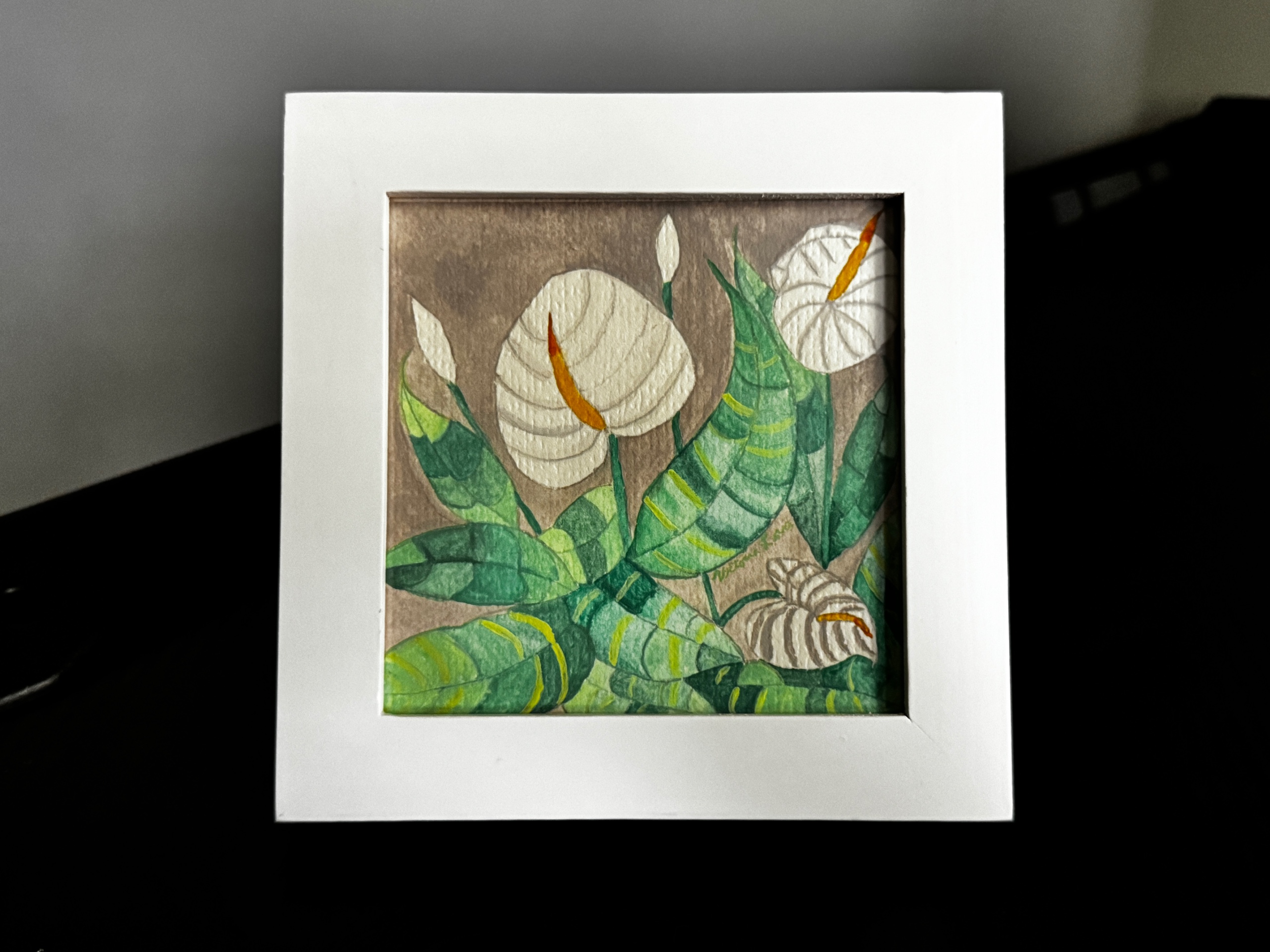 White Peace Lillies Handmade Original 4x4 Gouache Painting Framed