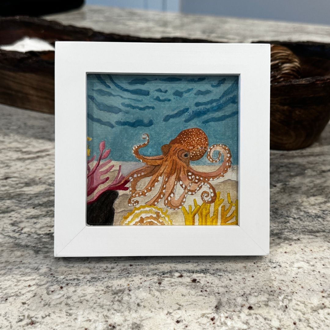 Octopus in the Coral Reef Handmade Original 4x4 Watercolor Painting Framed