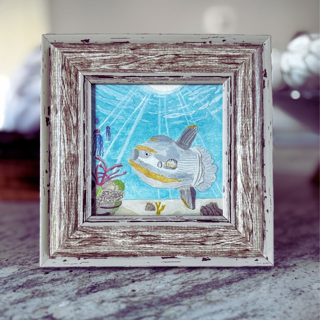 From Depths to Light Sunfish Voyage Handmade Original 4x4 Watercolor Painting Framed