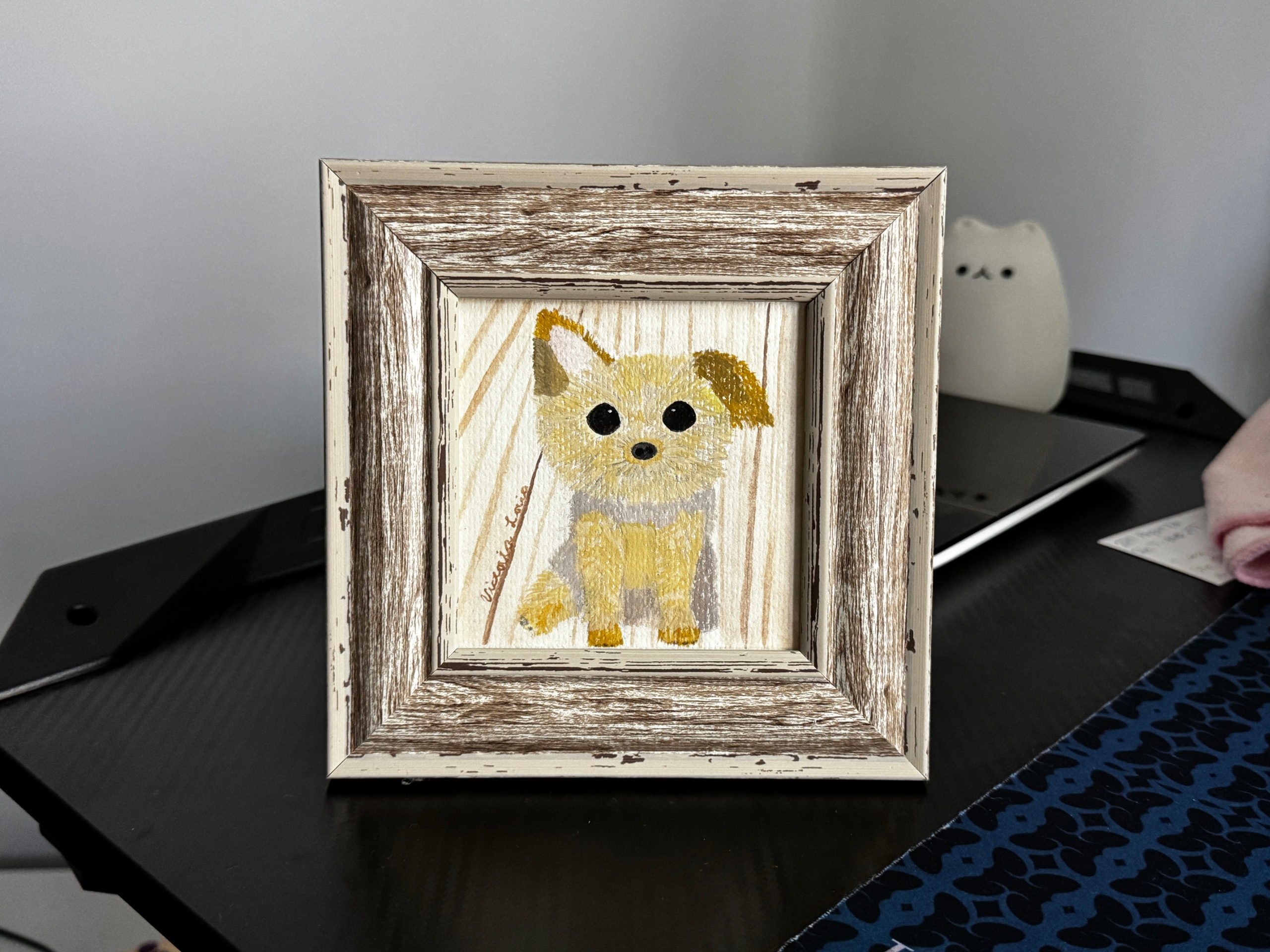 Sassy Yorkshire Terrier Portrait Handmade Original 4x4 Gouache Painting Framed